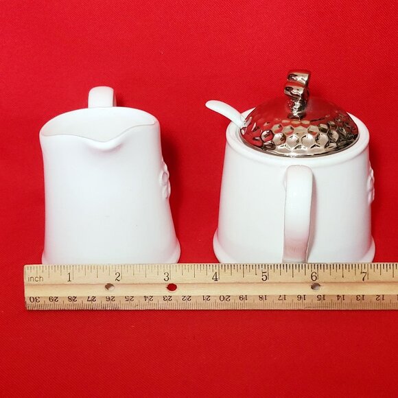 Honeycomb Bee Hive Creamer Pitcher Sugar Serving Spoon Set with Tray White Porce - Picture 9 of 12